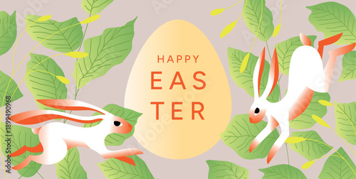 Happy Easter greeting poster with two bunny rabbits jumping around egg shape, green spring leaves and branches. Seasonal holiday concept. Flat vector illustration for card, poster, promo, sale and cel