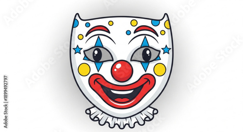 Colorful clown mask with red nose and ruffled collar on white background smiling face with blue stars and yellow dots