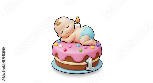 Sleeping newborn baby on pink birthday cake with colorful sprinkles and lit candle on top celebrating first year