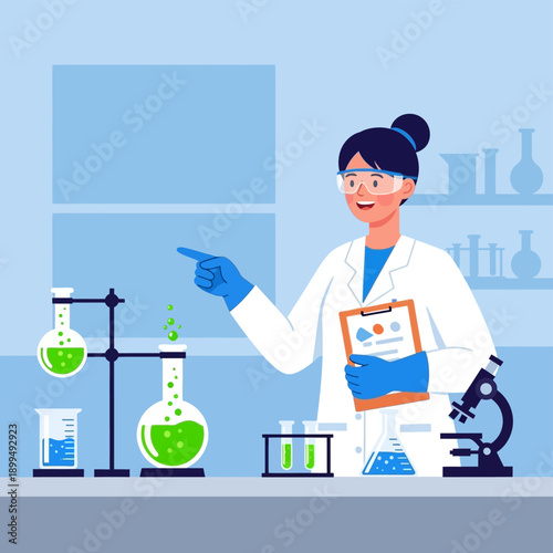 Female scientist in lab coat pointing.