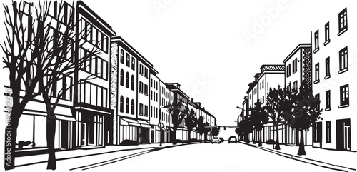 City landscape. Different buildings on street, outline cityscape hand sketch, flat houses. Hand drawn vector illustration