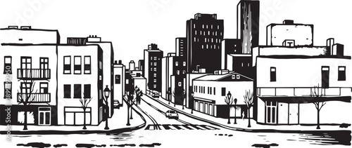 City landscape. Different buildings on street, outline cityscape hand sketch, flat houses. Hand drawn vector illustration