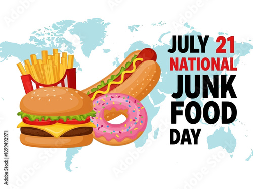 National junk food day burger, fries, hotdog, and donut on world map
