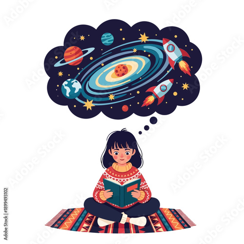 Girl Thinking About Space and Planets.