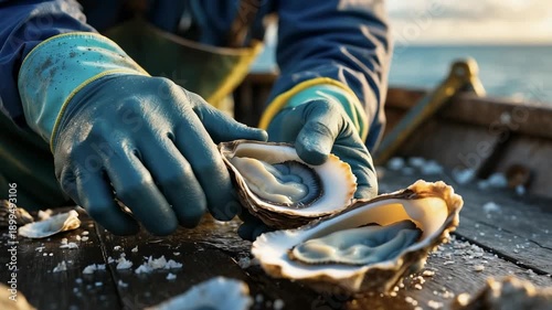 Oyster shucking on a boat near the shore at sunset with a fisherman preparing fresh oysters
