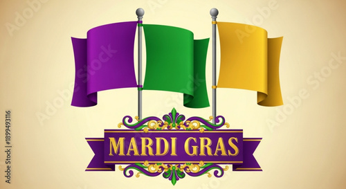 Mardi gras festive flags and banner with purple green and yellow colors on beige background