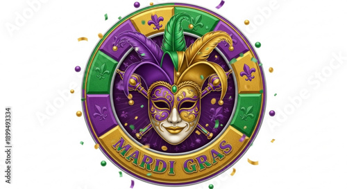 Mardi gras mask with purple green and gold confetti festive carnival symbol colorful party decoration new orleans celebration