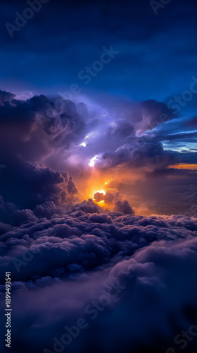 AI generator images of thunderstorm features violent lightning strikes within a large cumulonimbus cloud, creating a bright, orange-gold light that contrasts sharply with the deep blue of the cloud. 