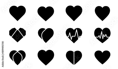 Minimal heart icons black red vector love symbols