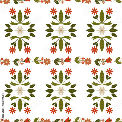 Folk floral pattern. Traditional scandinavian ornament with rustic embroidery motifs. Vector nordic background.
