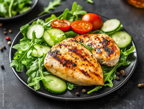 Grilled chicken breast salad with rocket and cucumber, tomato in black dish on stone table.