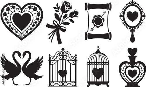 Heart with heart bouquet scroll ornate mirror swans gate bird cage perfume bottle