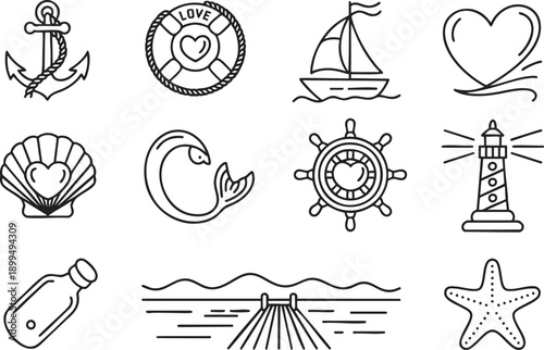 Nautical symbols set anchor lifebuoy sailboat heart shell dolphin ship wheel lighthouse bottle pier starfish