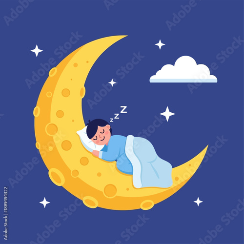 Man Sleeping on Yellow Crescent Moon.