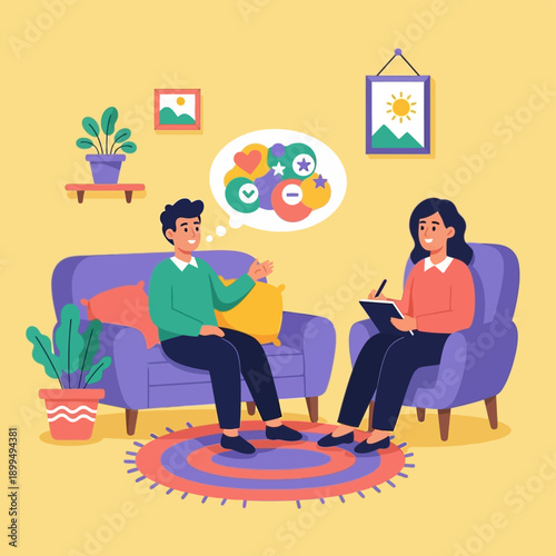 Man talking to female therapist sitting.