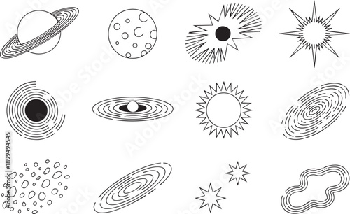Space elements stars planets galaxy nebula sun cosmic abstract shapes universe vector graphics design