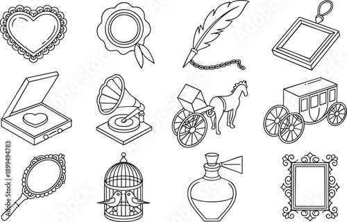 Vintage objects set heart frame wax seal feather quill inkwell carriage horsegramophone perfume bottle birds cage