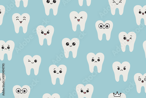  Vector illustration of smiling, winking, and sad tooth characters on a blue background.