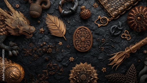 Ornate Wall Decoration Featuring Various Animal Motifs in Dark Tones and Meta...