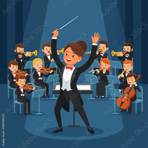 Conductor Leading Orchestra on Stage.