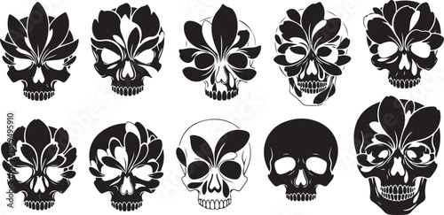 Black and white skulls with floral designs and patterns