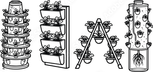 Hydroponic vertical farming icon set with tower gardens, wall planters, indoor soilless cultivation systems, sustainable urban agriculture, flat vector illustration