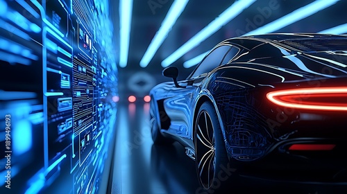 Futuristic Autonomous Electric Vehicle in a High-Tech Digital Highway with Glowing Circuitry