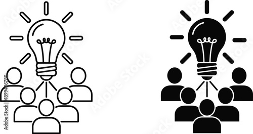 Teamwork and innovation icon set featuring people collaborating under a light bulb, symbolizing brainstorming, creativity, collective ideas, and group problem-solving concepts