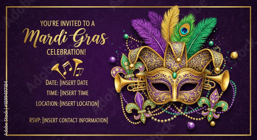 Mardi gras invitation card with gold mask and feathers on purple background for party celebration