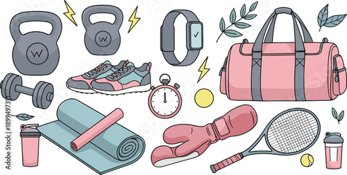 Gym And Fitness Equipment Illustration Set With Kettlebells Shoes Yoga Mat Sports Bag Racket And Workout Accessories