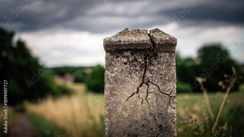 exhaustive. Weathered stone pillar with cracks against a cloudy sky, dramatic side lighting. travel magazines, destination branding, designed for outdoor magazines and nature guides.
