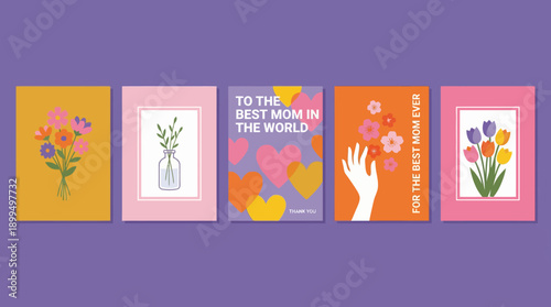Collection of colorful greeting cards featuring flowers, hearts, and uplifting messages on a purple backdrop