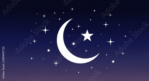 Crescent moon and stars in a night sky with a dark blue gradient background and twinkling celestial bodies