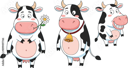 Cute Cow Character Set With Bell Flower And Playful Farm Animal Poses In Kawaii Cartoon Vector Illustration