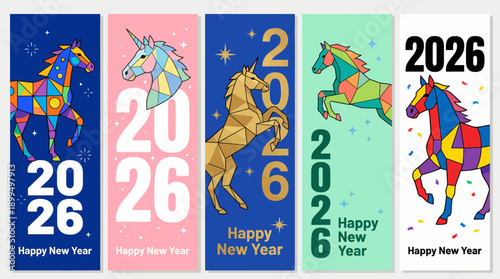 Vibrant 2026 New Year collage with colorful calendar panels, festive illustrations, and abstract art in a modern celebratory style.
