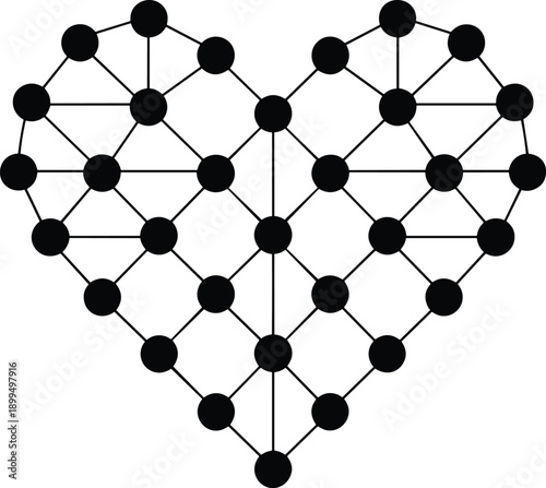 Abstract heart network illustration, connected dots and lines, technology love concept, data connection symbol, minimal flat vector design