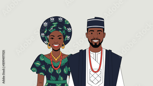 Happy Nigerian couple in beautiful traditional wedding attire, showcasing the rich cultural heritage and clothing of Nigeria.