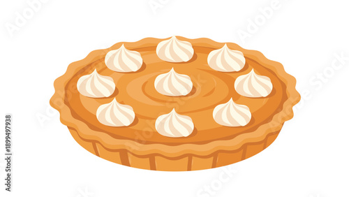 Classic pumpkin pie with a golden-brown crust and dollops of whipped cream, a traditional dessert for Thanksgiving and autumn.