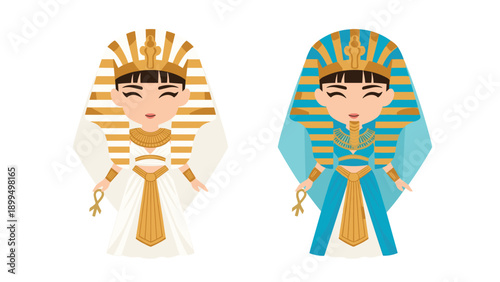 Set of two cute chibi Egyptian queens or pharaohs in traditional white and blue royal attire with nemes headdresses.