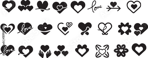 Minimalist collection of romantic icons featuring hearts, roses, rings, birds, teddy bears, and gift boxes for Valentine's Day.