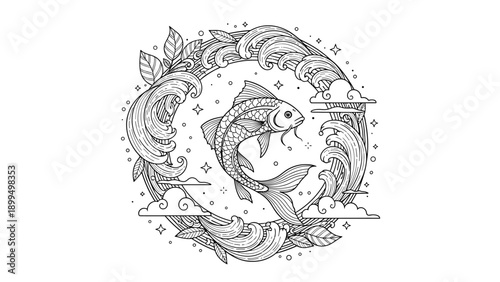 Intricate black and white line art illustration of a Japanese koi fish swimming within a circular frame of swirling waves and clouds.