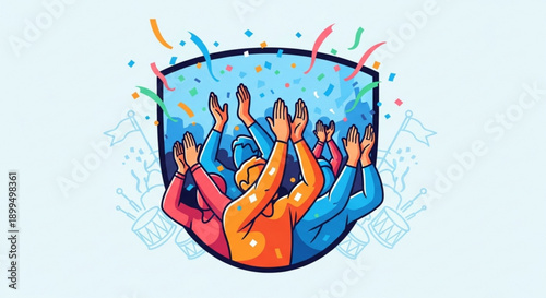 Diverse group of people celebrating with hands up in colorful confetti expressing joy and excitement in a vibrant scene
