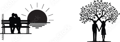 Minimalist collection of romantic love icons featuring hearts, roses, rings, birds, and gift boxes for Valentine's Day designs.