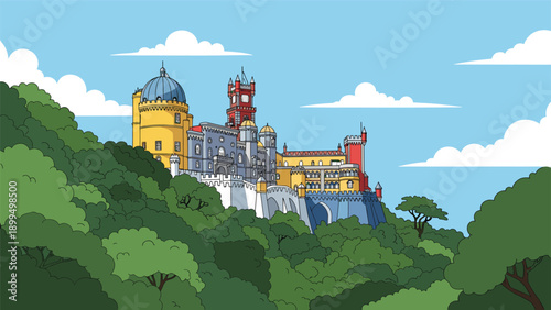 Colorful vector illustration of the romanticist Pena Palace in Sintra, Portugal, nestled amidst a lush green forest under a sky.