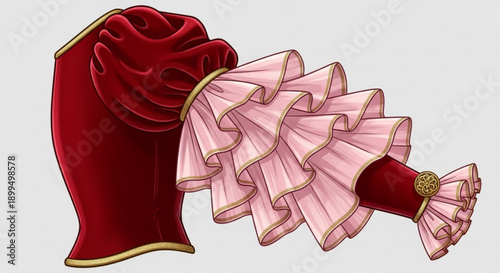Elegant ruffled sleeve with red velvet and pink layers gold trim and brooch fashion design element