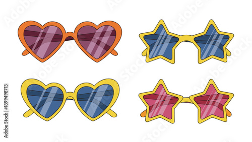 Set of four fun and funky sunglasses in star and heart shapes with colorful frames and lenses, isolated on a white background.