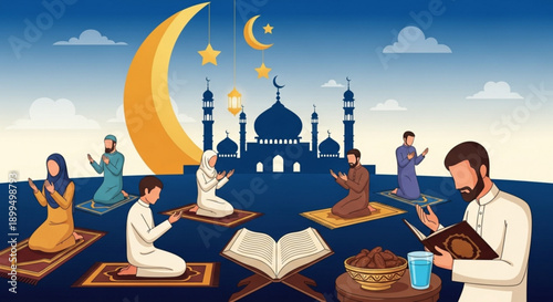 People practicing islamic faith together under crescent moon and stars with mosque in the background reading books and praying mats