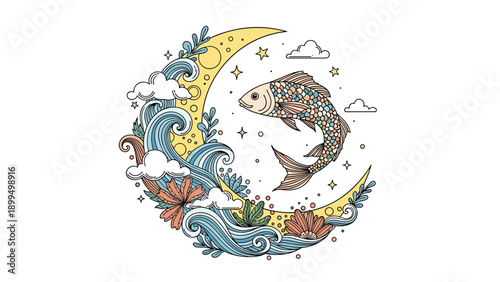 A whimsical and colorful illustration of a fish leaping over a crescent moon surrounded by stylized waves, flowers, and stars.