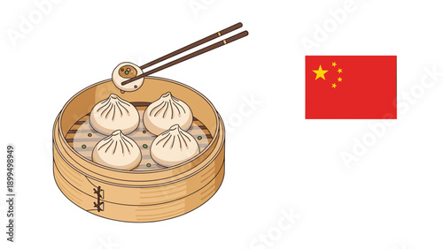 A simple and cute illustration of Chinese dumplings, or xiaolongbao, in a bamboo steamer with chopsticks and the flag of China.
