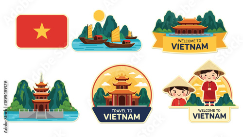 A collection of travel stickers and emblems for Vietnam, featuring the national flag, Halong Bay, temples, and people in traditional ao dai.